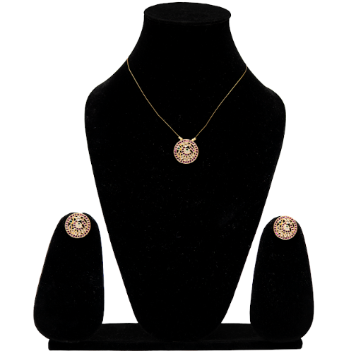 Traditional Round Stone Pendant Necklace with Earrings Set